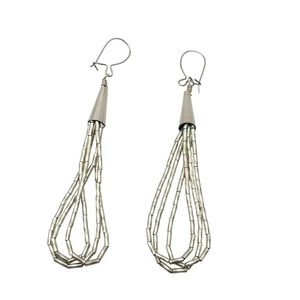 Vintage Liquid Silver Beaded Dangle Earrings 2.75" Long Lightweight Boho Chic